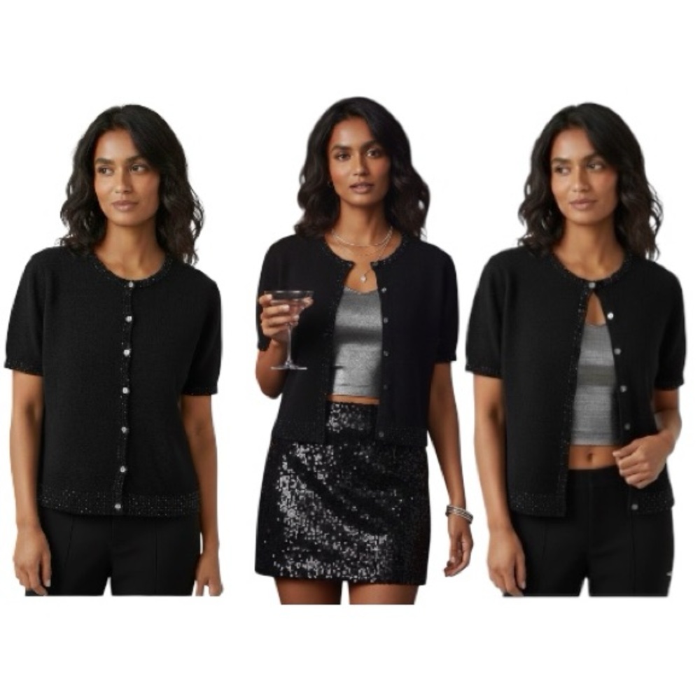 Vintage 80 90 Beaded Short Sleeve Knit Top Cardigan Sweater Wool Angora Minimal